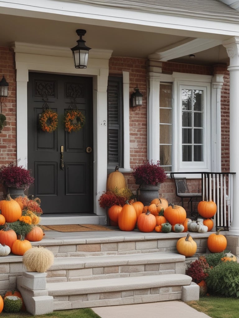 a porch with pumpkins and flowers on the steps