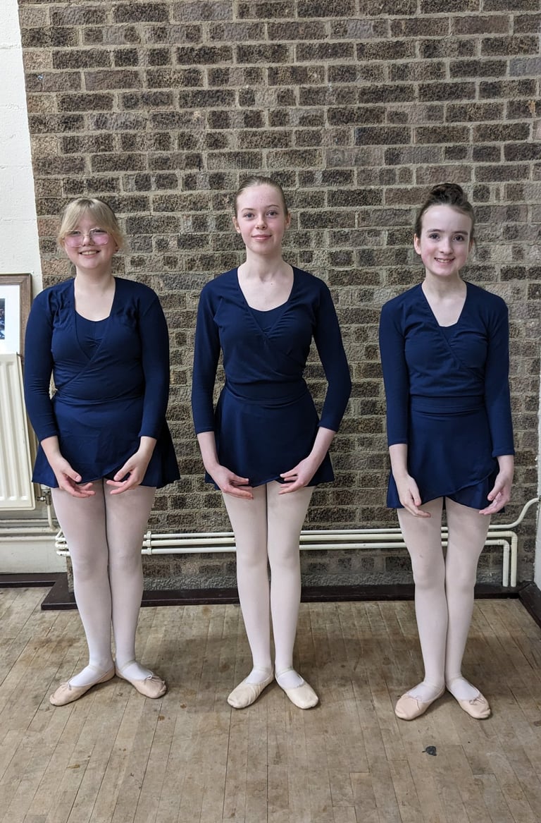Three teenage ballet dancers in navy blue leotards and pink tights posing in a dance studio.