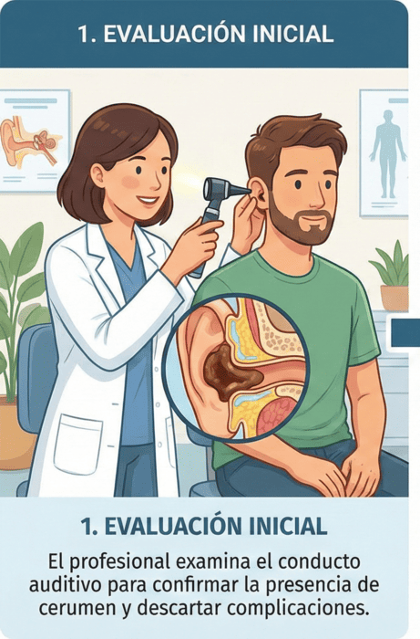 evaluación inicial en el proceso de limpieza de cerumen por un otorrinolaringólogo