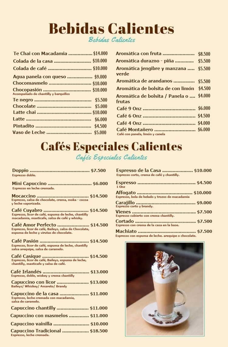 Bebidas Calientes Menu Café y Macadamia Armenia Quindío