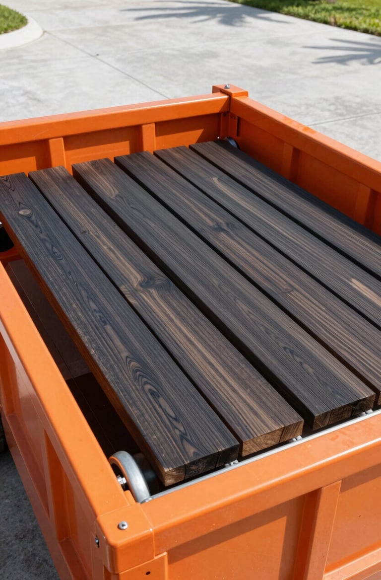 Close-up commercial photography of thick wooden protective planks positioned neatly under the steel rollers of an orange dumpster on a clean concrete driveway, bright Florida sun