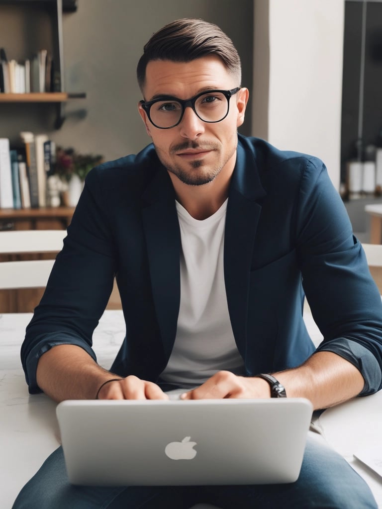 Smiling business professional in a blazer working on a laptop in a bright office.