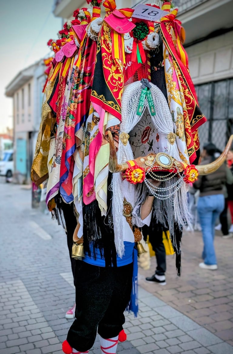 A person wearing the wooden frame of La Vaquilla headdress featuring bull-horns, floral fabrics, and colorful ribbons.