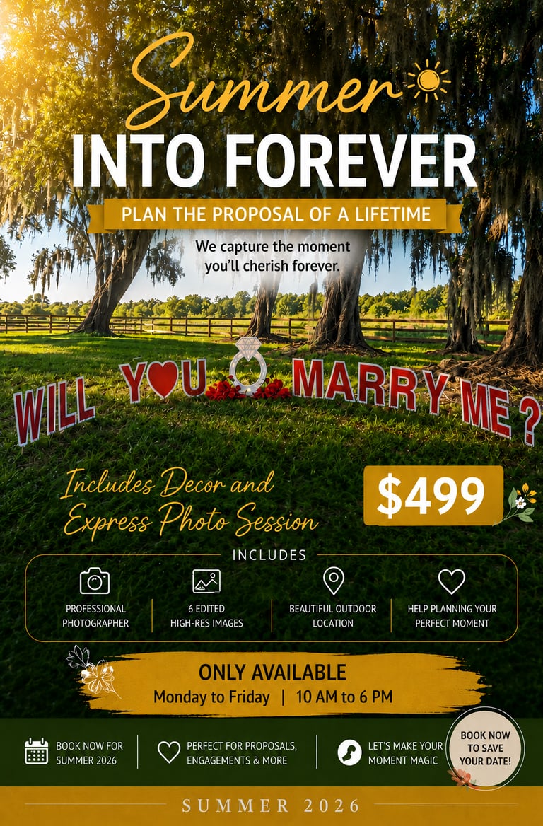 Outdoor summer proposal package featuring a 'Will You Marry Me?' yard sign and professional photography services.