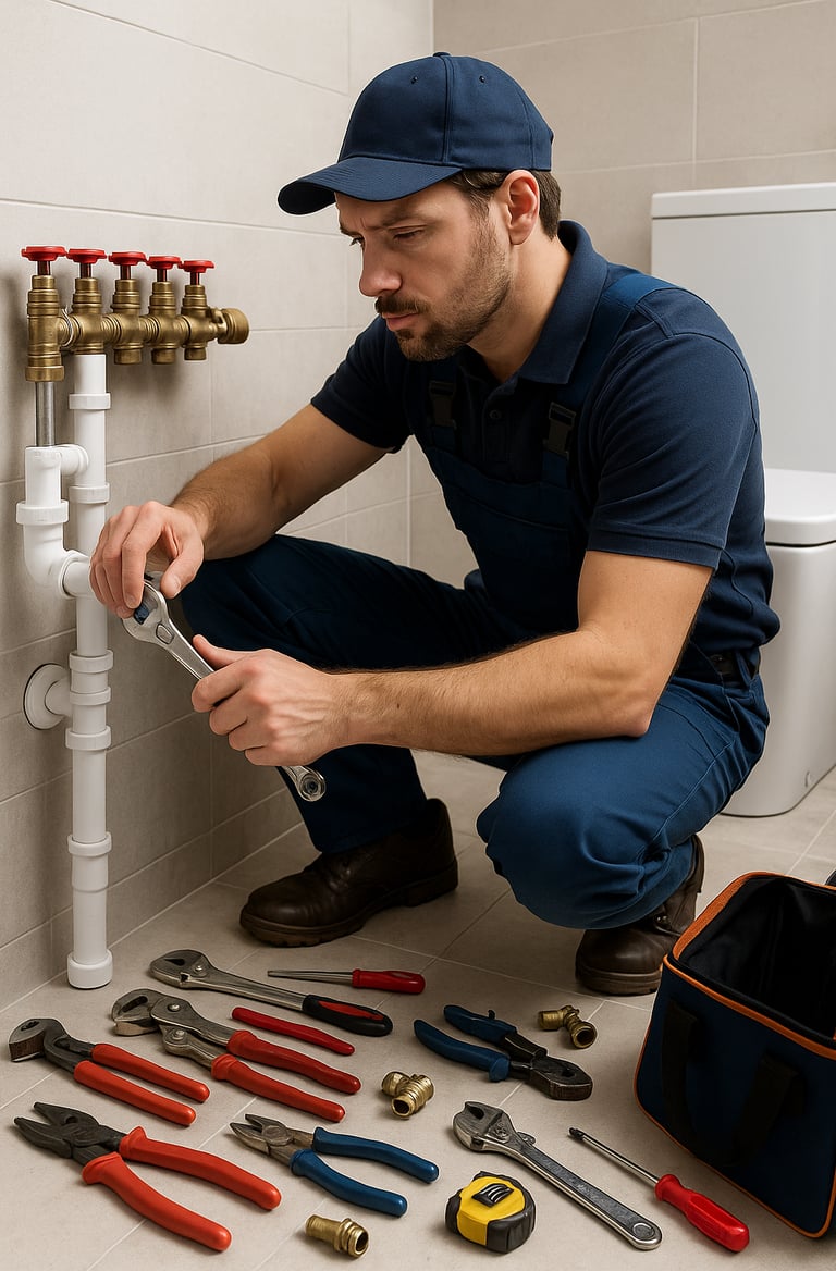 A plumber tightens bathroom pipes with organized tools neatly arranged on floor.