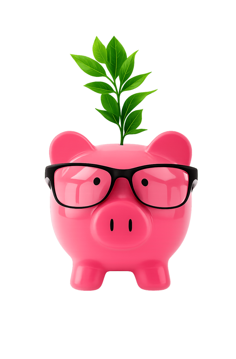 Pax the Pig mascot, a pink piggy bank with glasses and a plant, representing simple money skills and