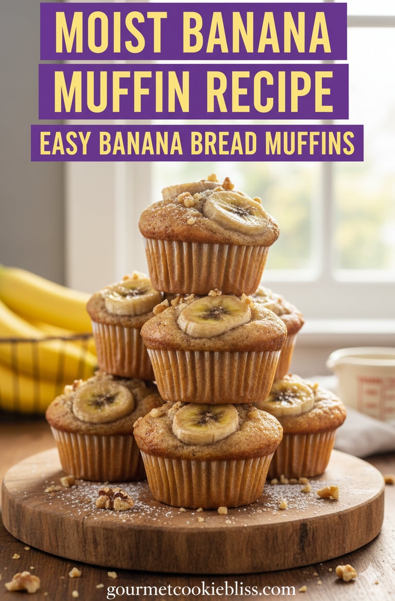 A stack of warm, moist banana muffins with caramelized banana slices on top & bursting from within