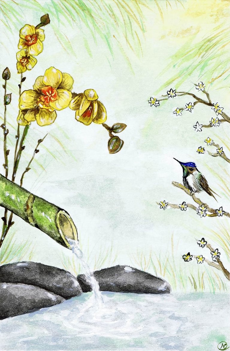 Estanque japonés con colibrí