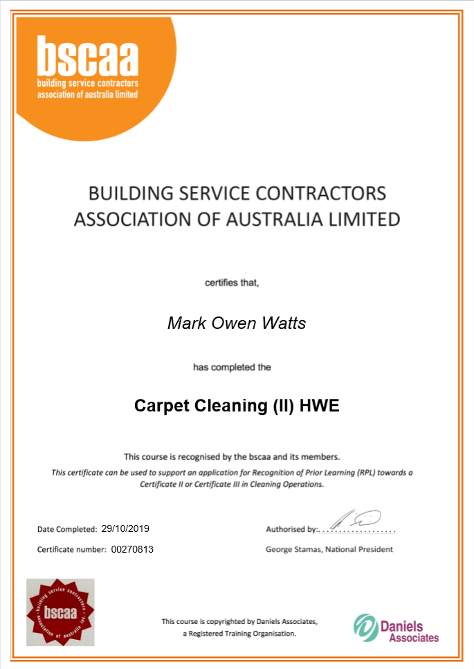 BSCAA certificate awarded to Mark Watts for completing Carpet Cleaning HWE training.