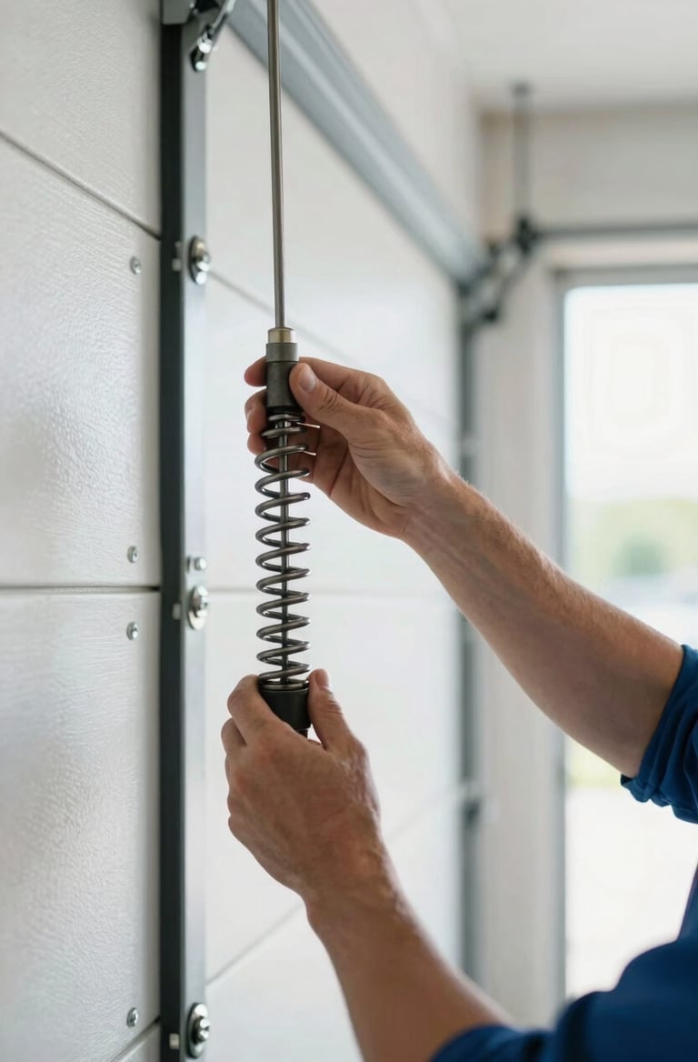 Close-up portrait shot of a technician's clean hands adjusting a heavy-duty torsion spring on a garage door, bright natural garage interior lighting, crisp cool tones, high contrast, shallow depth of field, 50mm lens, left-aligned portrait frame.