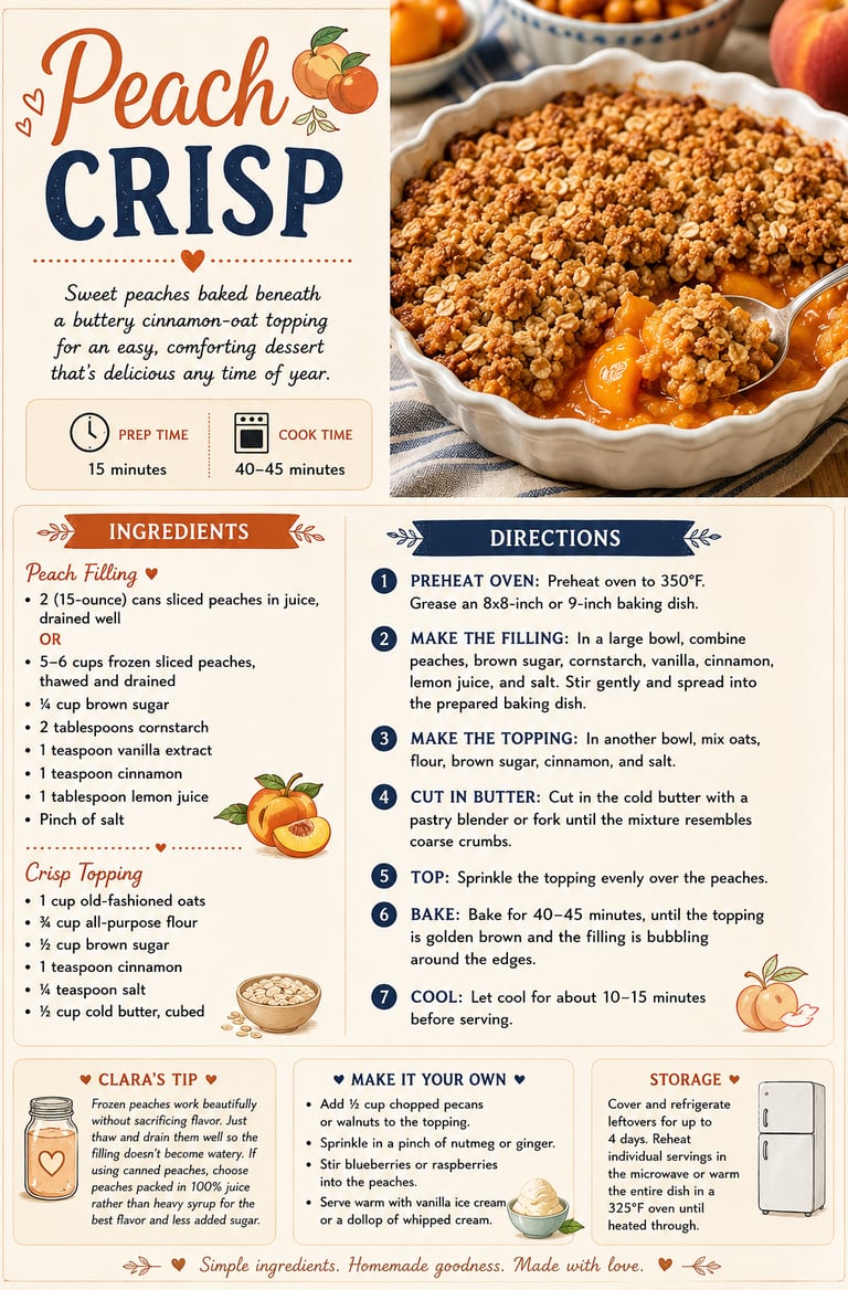 Recipe card for a homemade peach crisp with cinnamon oat topping and simple step-by-step baking directions.