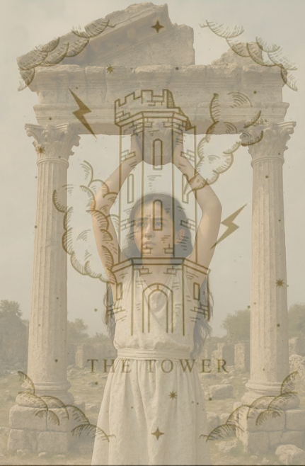 Exile within crumbling pillars and Tower tarot card, symbolizing collapse of safety and erotic fear.