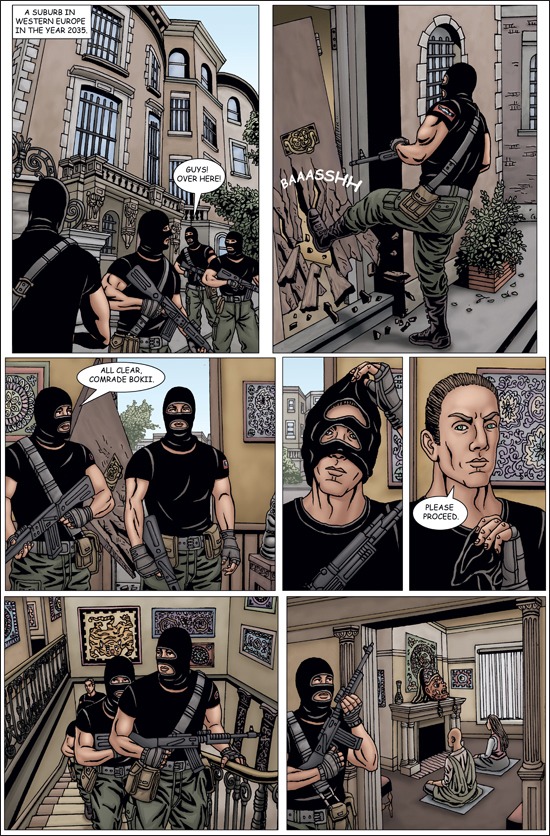 art of men in a fancy house, wearing masks and holding guns.