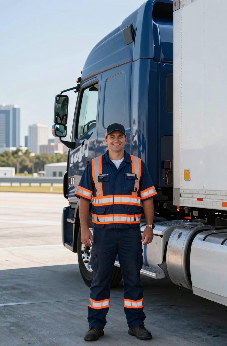 Professional truck driver in safety gear, smiling, standing beside a modern semi-truck at a loading dock in bright daylight, Pensacola skyline in background.