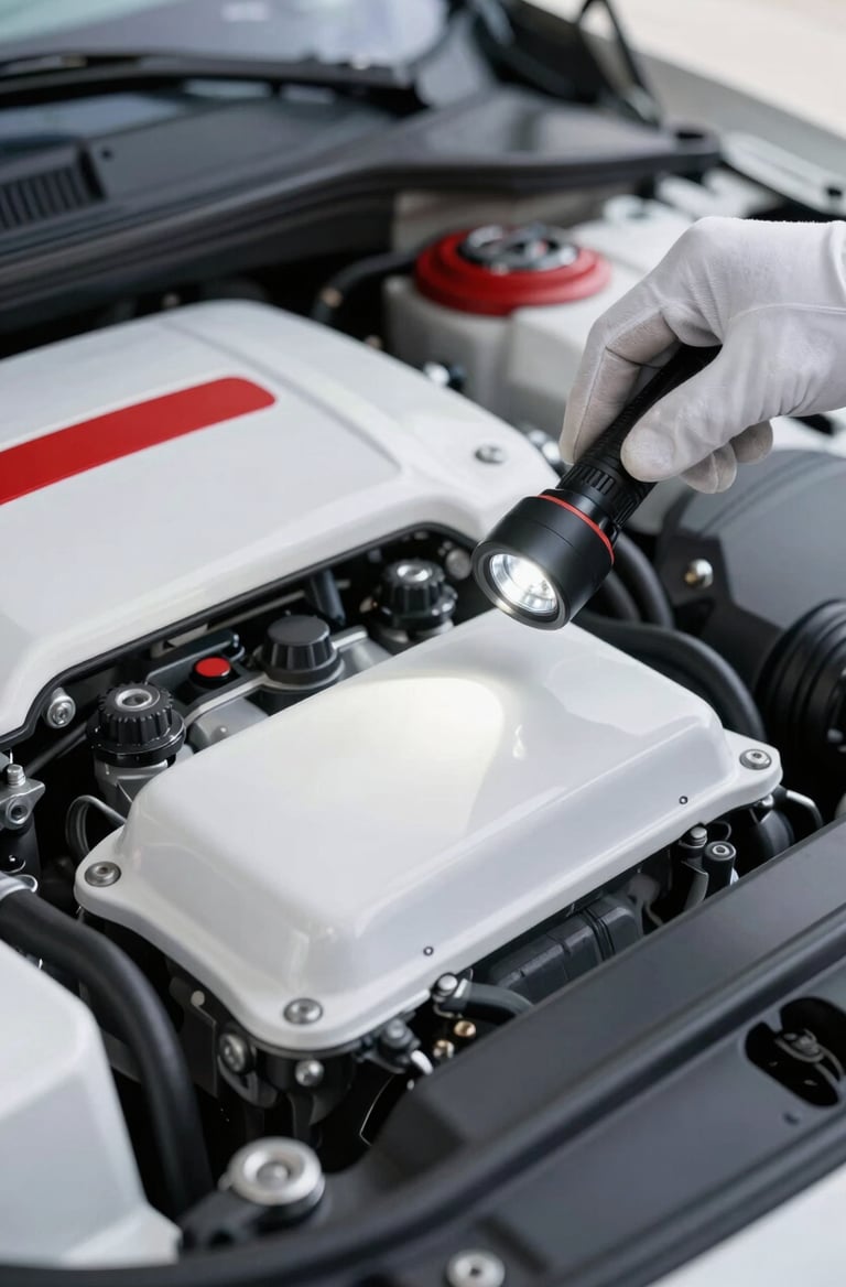 Macro shot of a car's engine bay being inspected by a gloved hand with a flashlight, bright daylight, sharp focus on mechanical details, clean automotive photography, white and red accents.