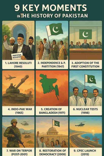 Infographic of 9 key moments in the history of Pakistan