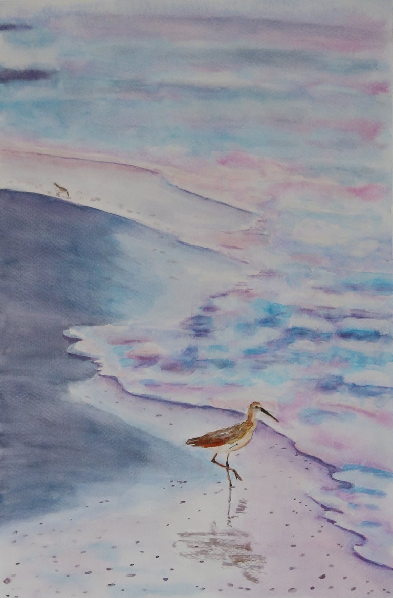 original watercolor painting bird ocean seascape purple