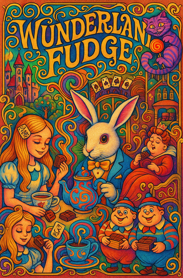 A poster of a rabbit, blonde teen girl, queen, a cat, two male twins in Wunderland.