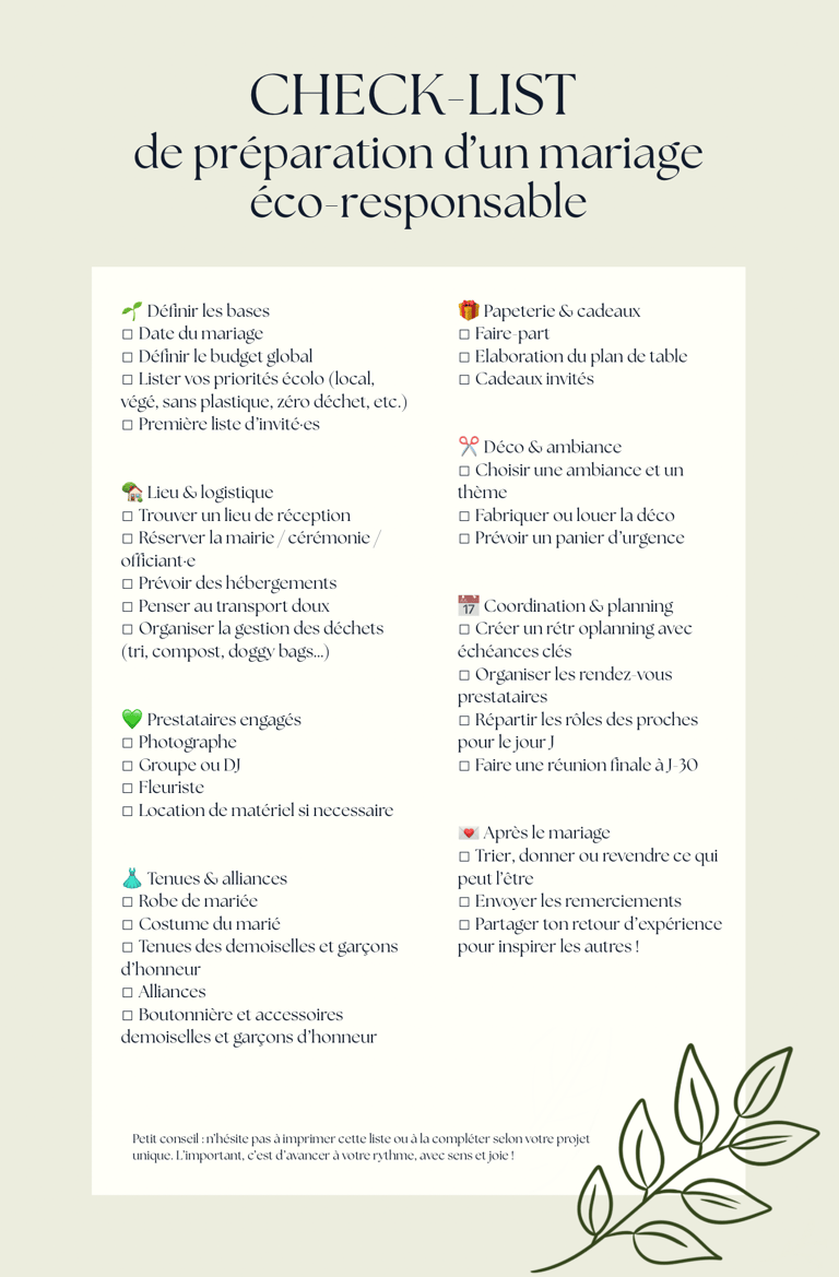 Check-list de préparation d'un mariage éco-responsable