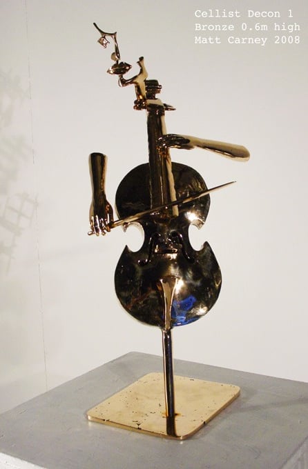 a cello being played by human arms with an abstract face