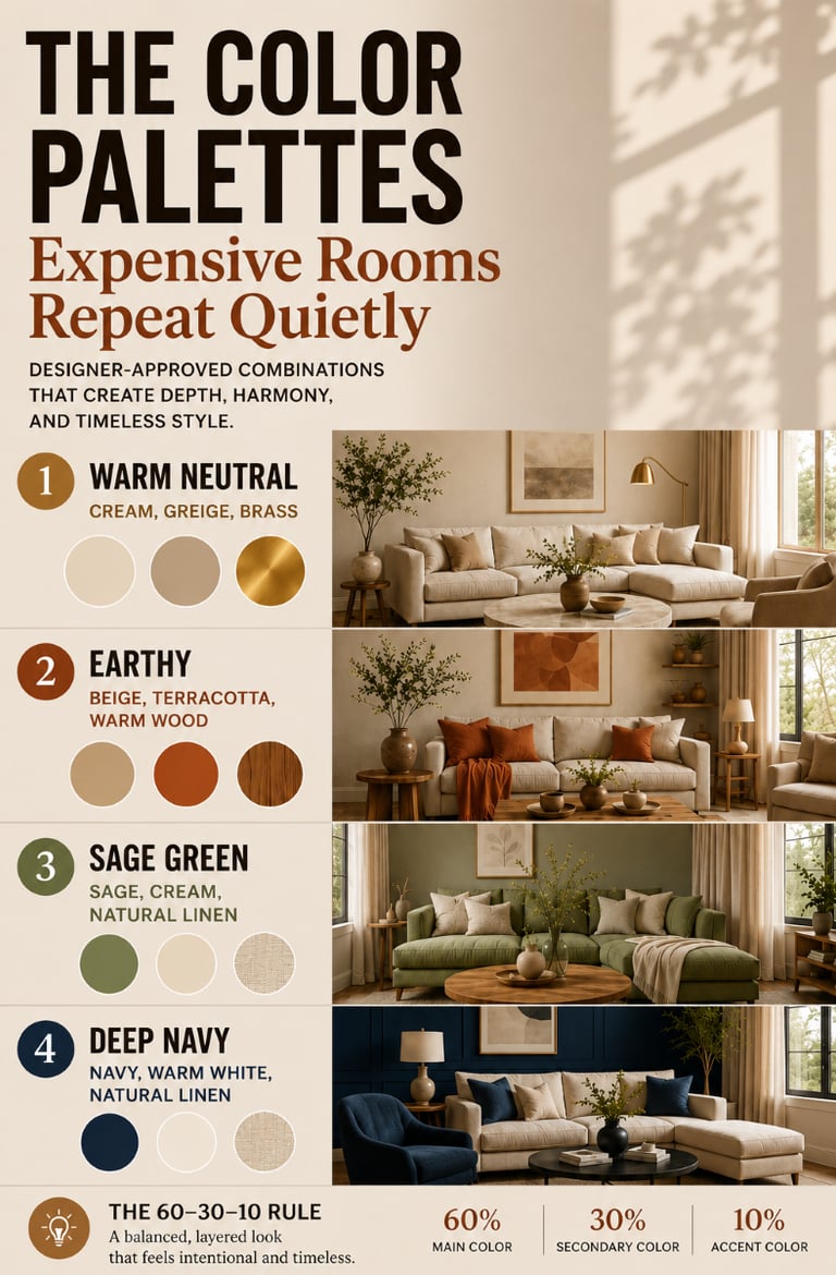best color palette for living room 2026 showing warm neutral earthy sage green and navy combinations