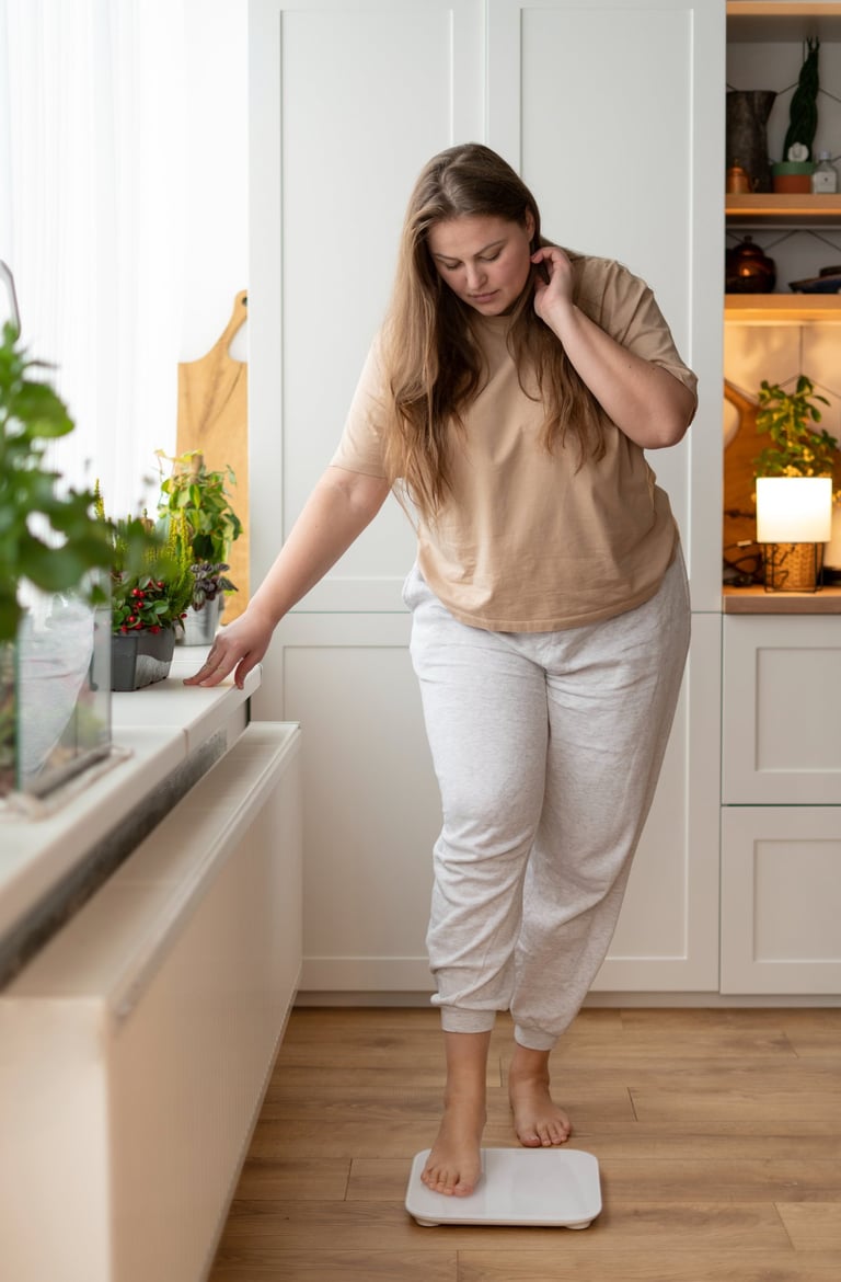 Femme soucieuse de son poids entrain de se peser