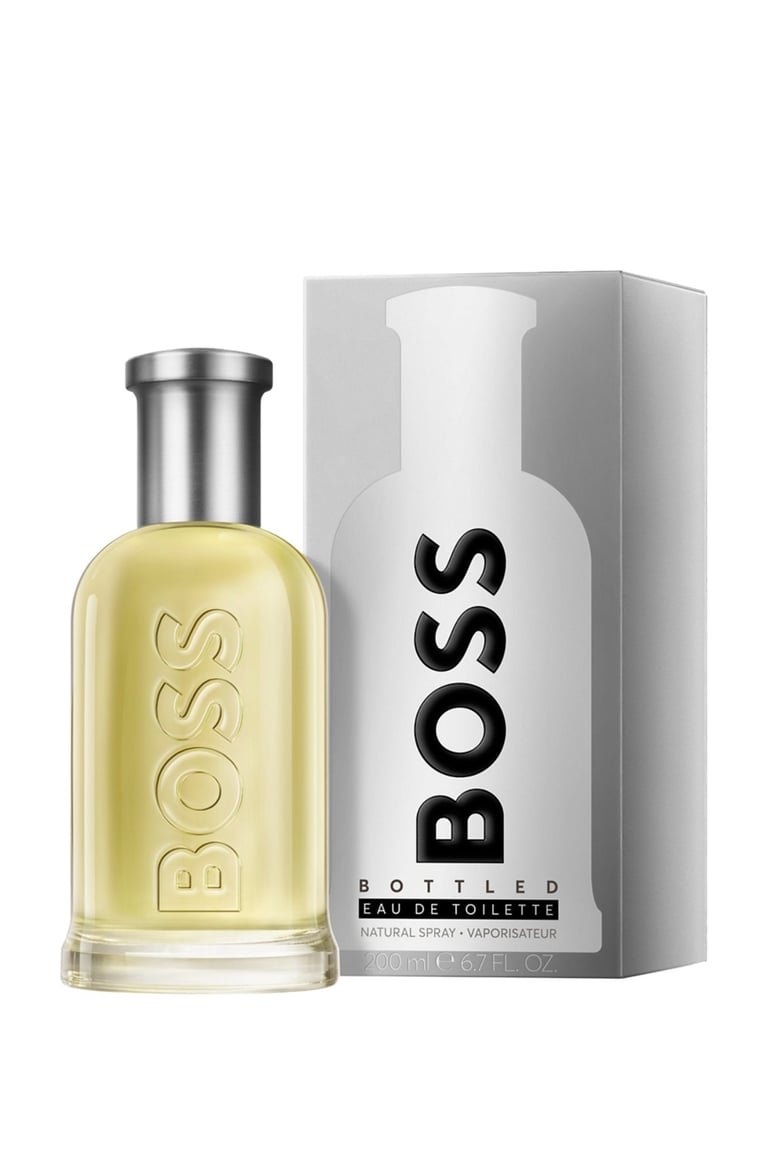 Hugo Boss Bottled Eau de Toilette spray bottle for men with silver packaging box.