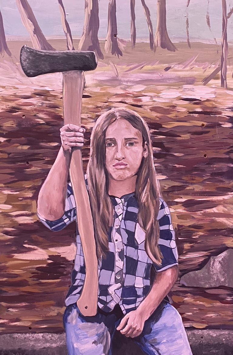 painting of a girl holding an axe