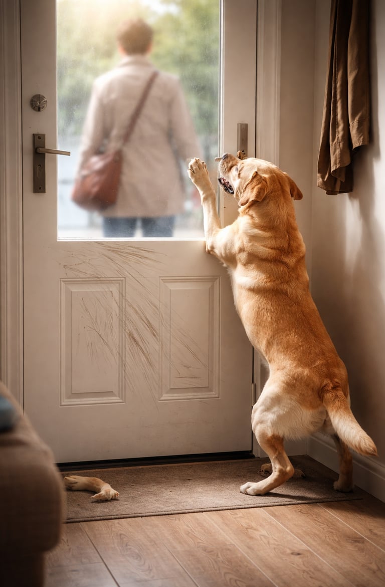 hond springt tegen de deur terwijl de baas het huis verlaat