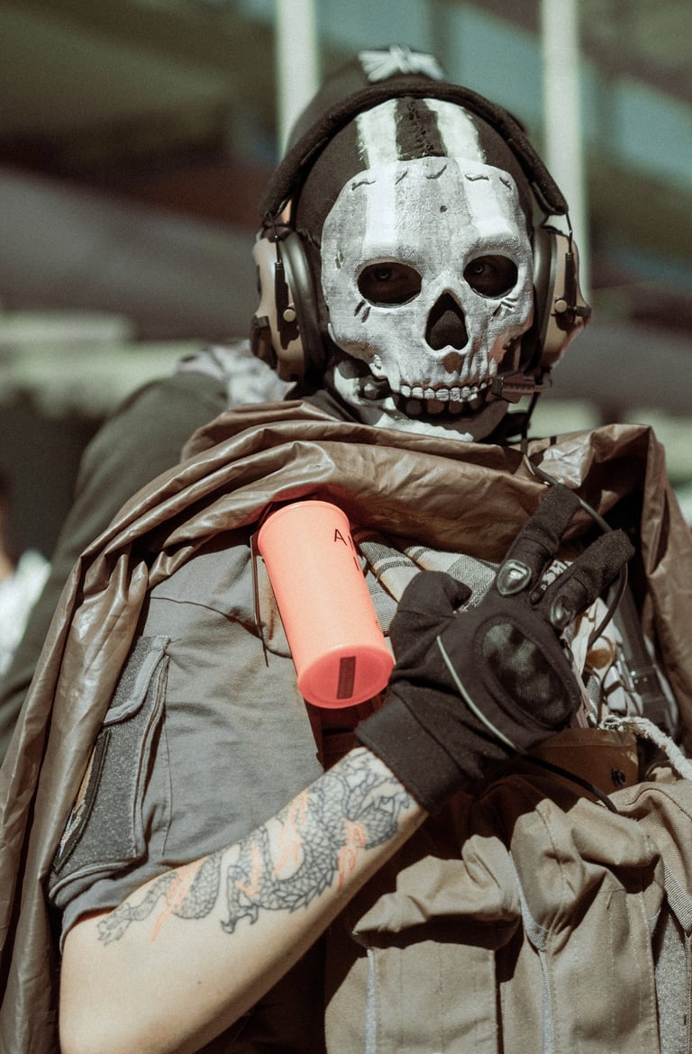 osplayer as Ghost from Call of Duty: Modern Warfare 2 at IFEMA Madrid. Features skull mask, tactical gear, and British flag p