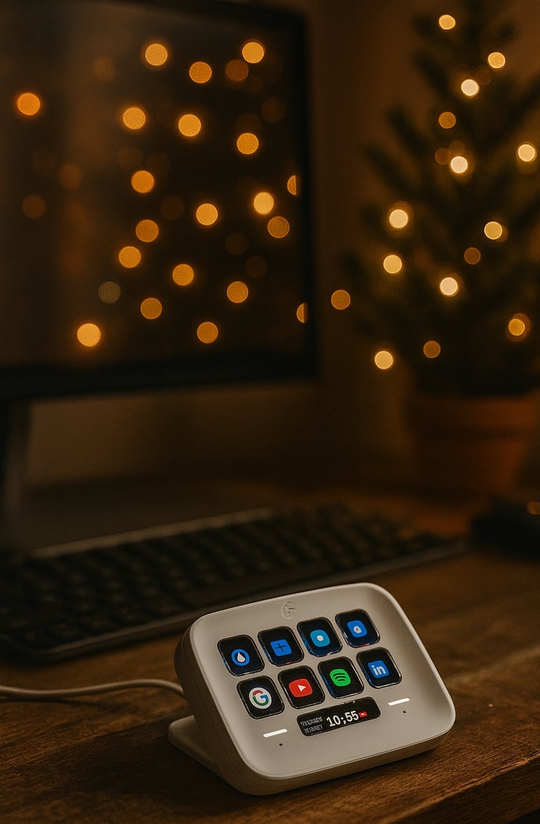 Modern home office setup with computer, webcam, and Elgato Stream Deck Neo on wooden desk with warm