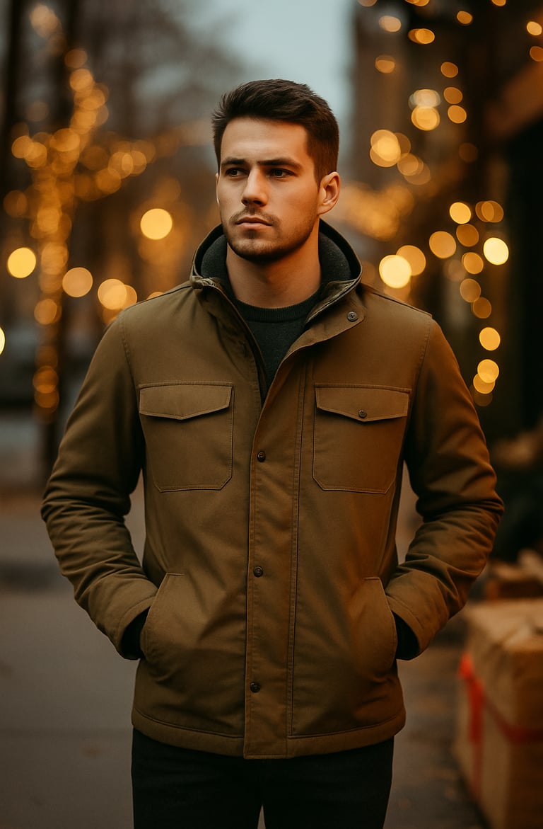 Man wearing brown Lambretta-style jacket on winter street with twinkle lights and blurred background