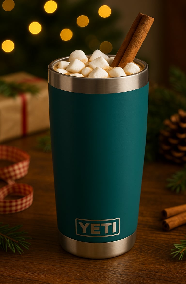 Tall Yeti tumbler without handle filled with cocoa, marshmallows, and cinnamon stick on wooden table