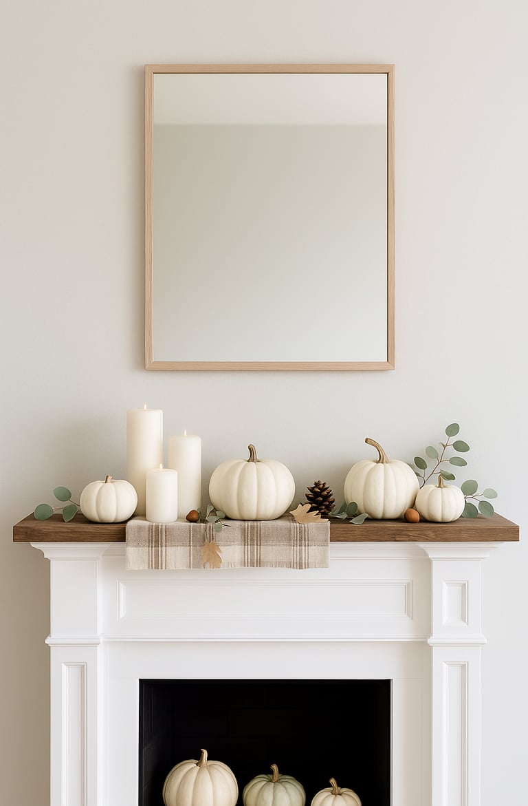 minimalist white fireplace mantel decorated with ivory pumpkins, cream pillar candles, eucalyptus 