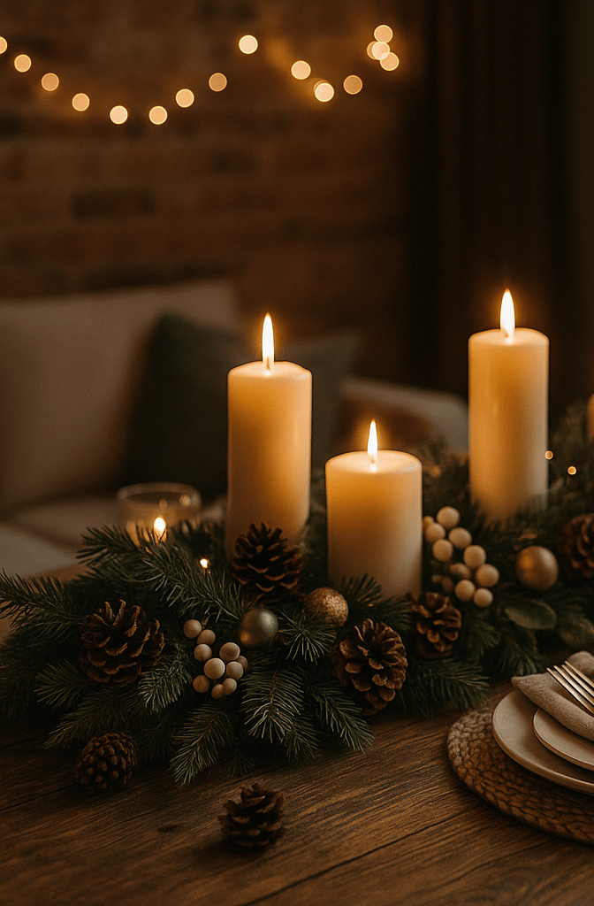 Christmas dining table with candle centerpiece, greenery, pinecones, and gold accents under warm fai