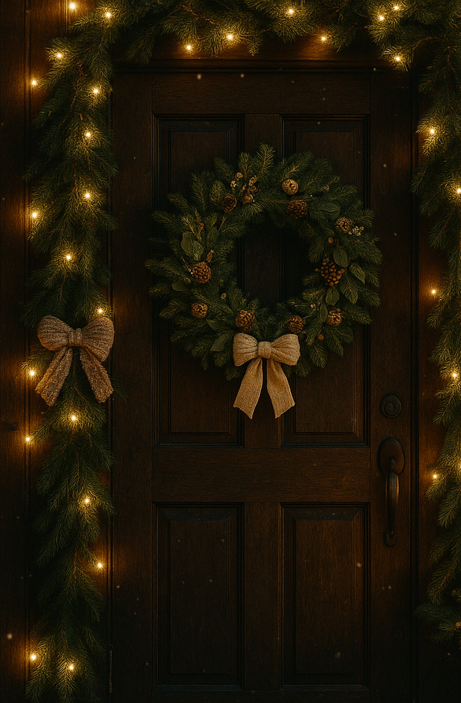 Elegant Christmas doorway with gold-accented wreath, garland lights, and glowing candles in the wind