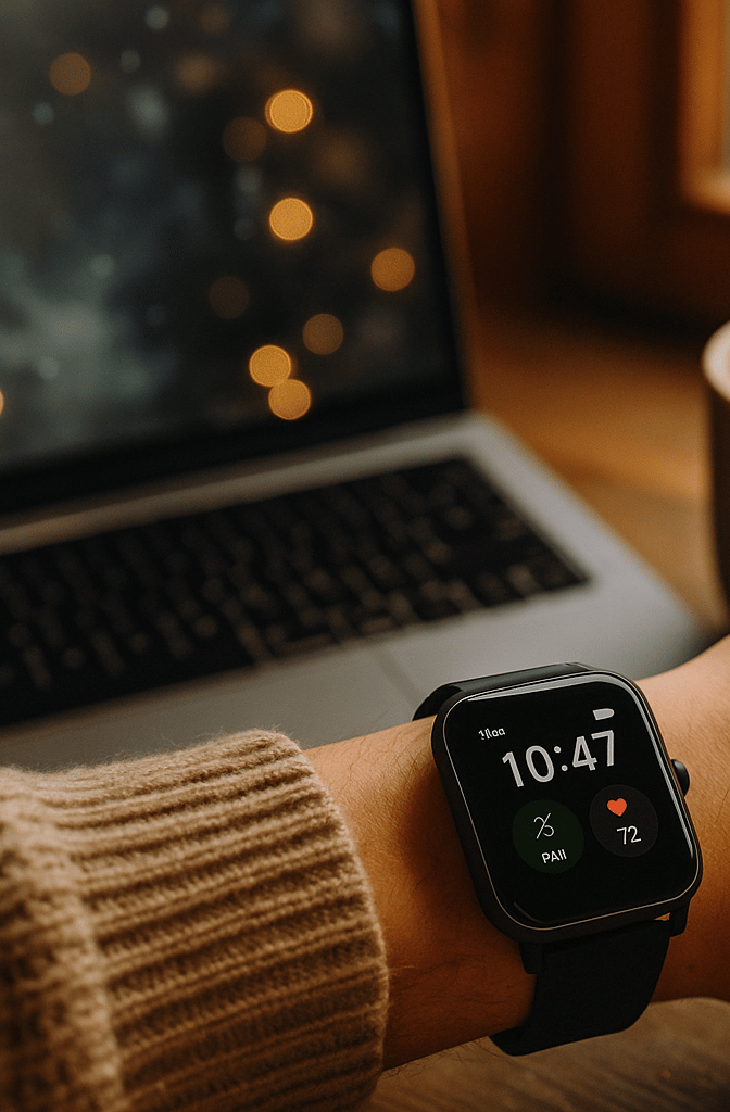 Amazfit Bip 6 smartwatch on wrist beside laptop and cup of cocoa with snowy window view.