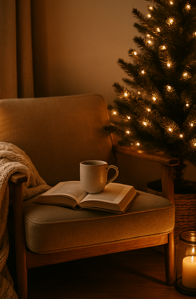 Cozy Christmas reading nook with armchair, blanket, book, candles, and small lit tree.