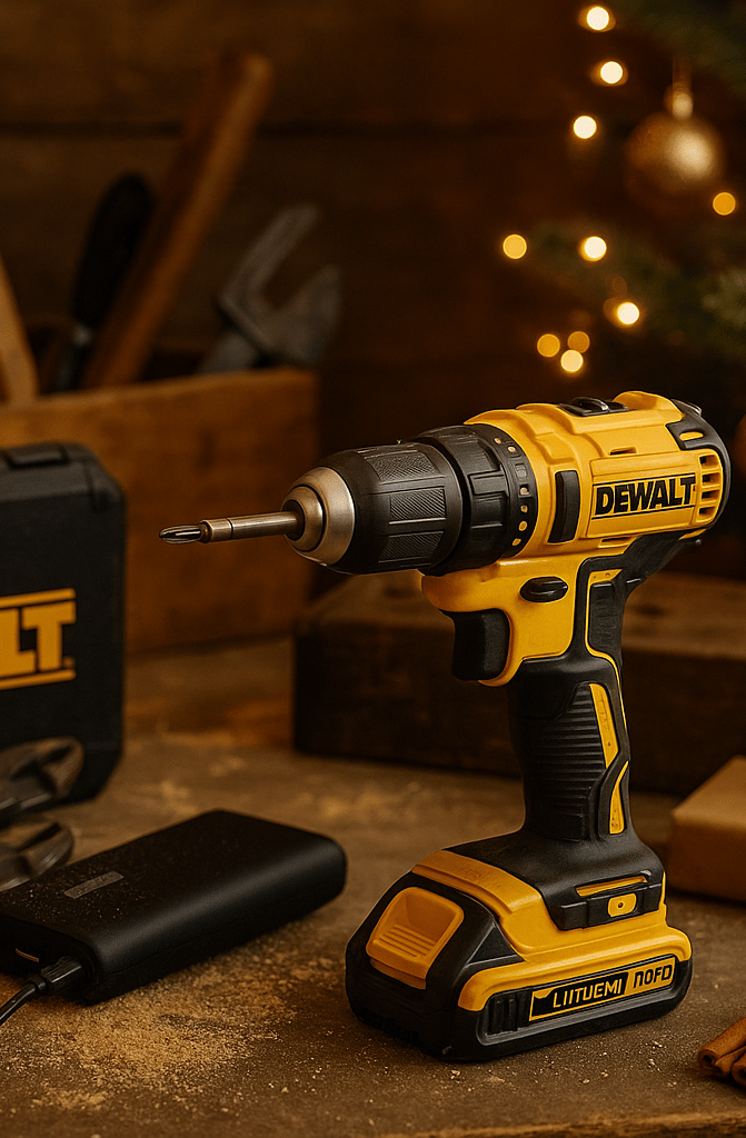 DeWalt cordless drill on workshop bench with tools, sawdust, and subtle Christmas decorations.