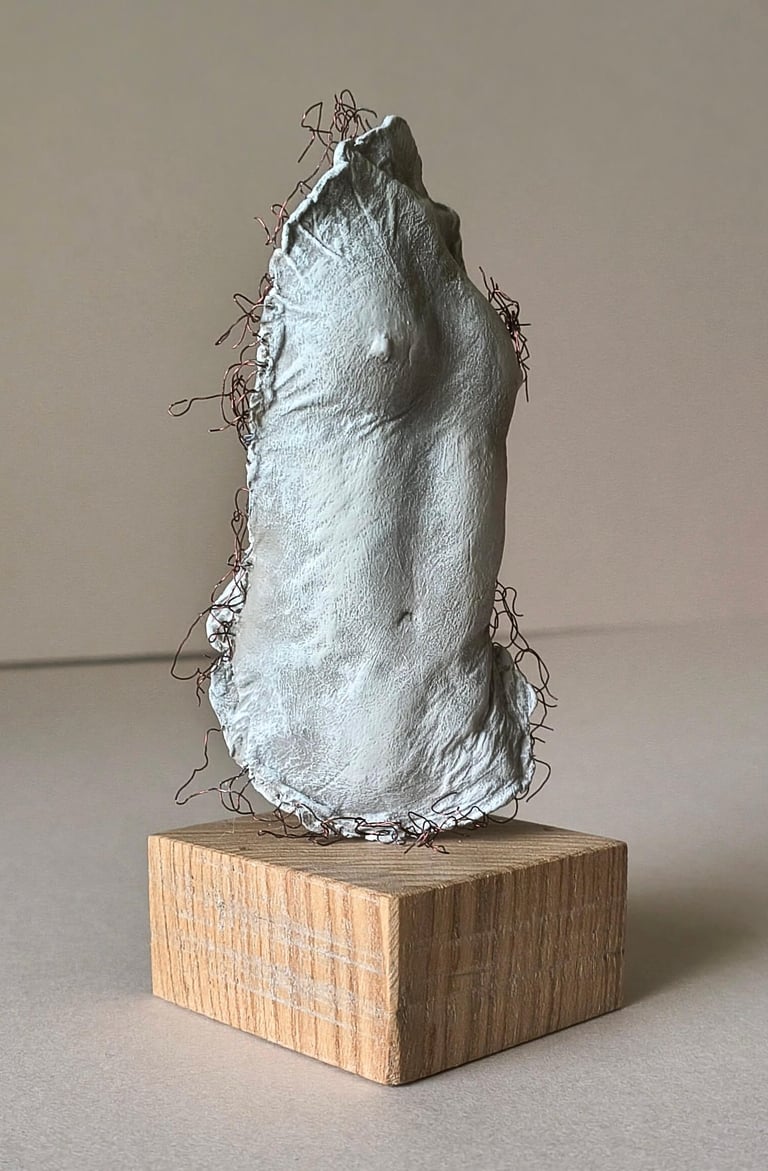 A plinth mounted sculpture of a female torso with wire around it and protruding through it.