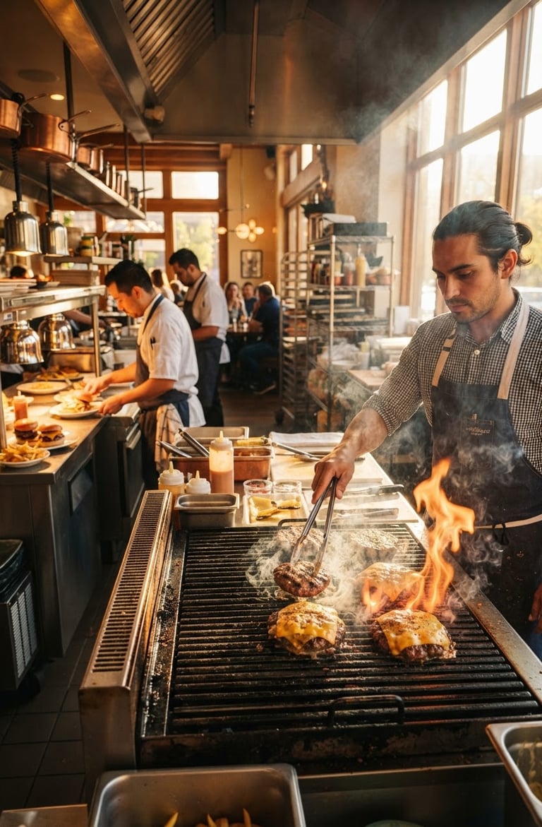 Wide panoramic shot of a bustling, warm restaurant kitchen at golden hour, a chef grilling burgers with flames visible on the right third, steam rising, focus on the sizzling food, natural window light.