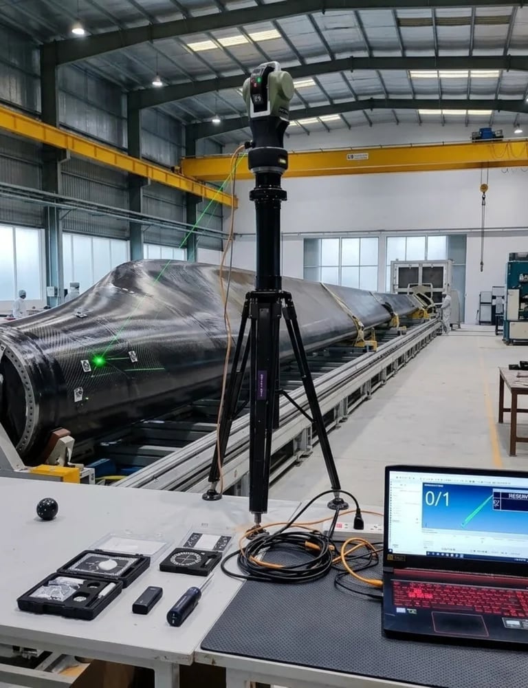 Precision laser tracker measuring a large composite wind turbine blade in an industrial manufacturing facility.
