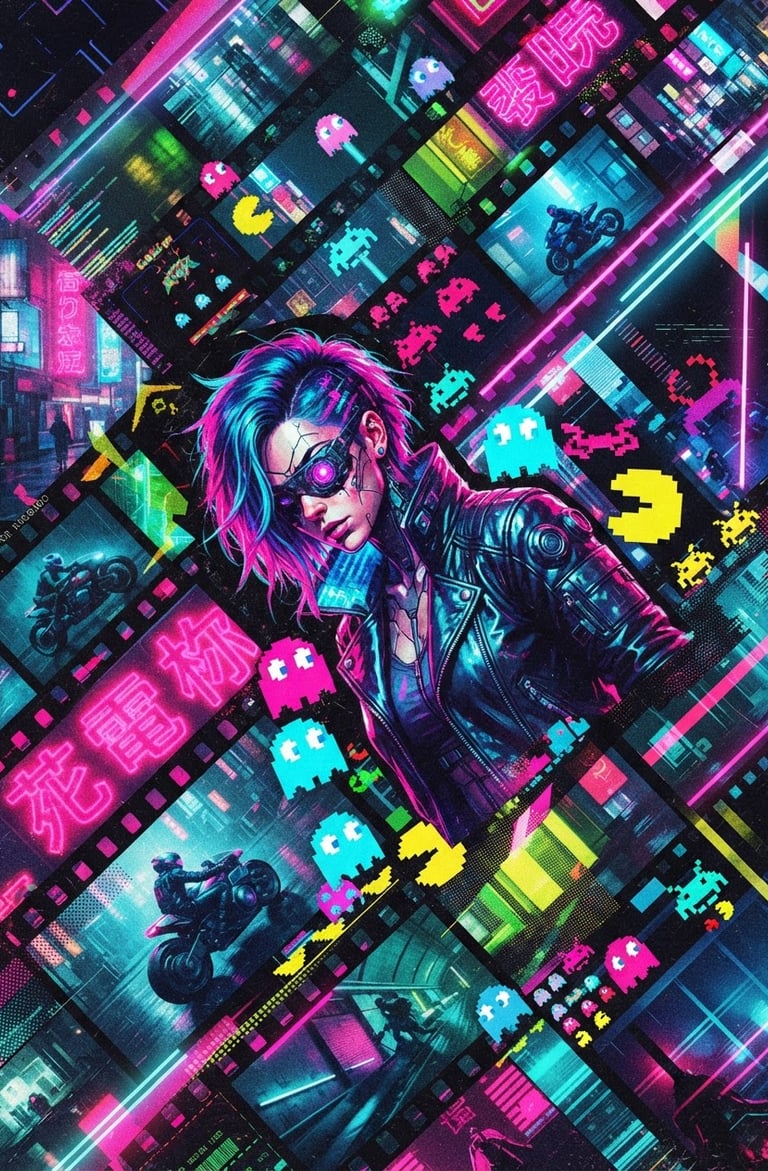 Digital collage of fragmented film stills, vintage arcade game sprites, and abstract neon light patterns, high-contrast pop art style, neon-infused lighting, dramatic shadows, cyberpunk aesthetic, Dutch angle, bleeding to the right edge.