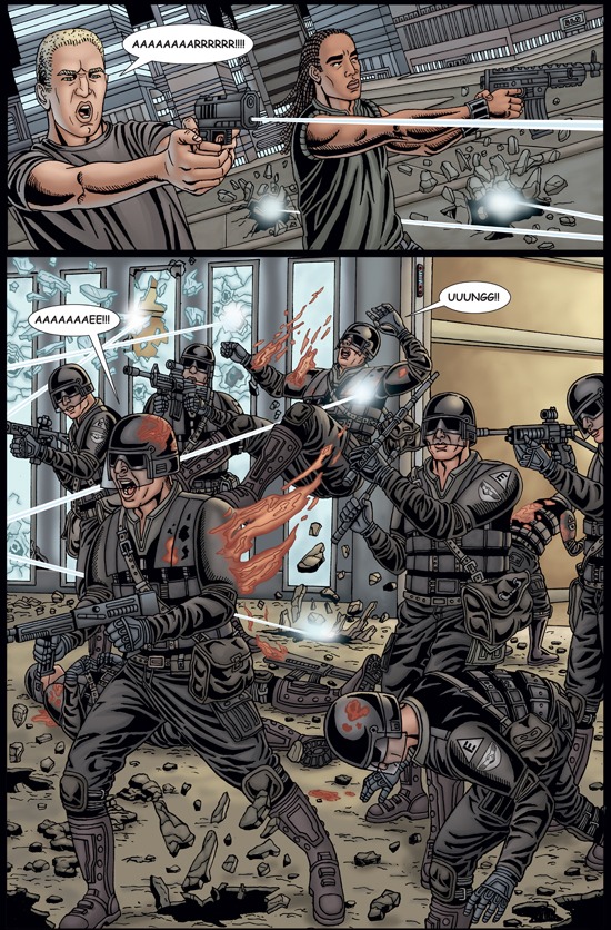 Art showing futuristic men in a battle on the street with guns.