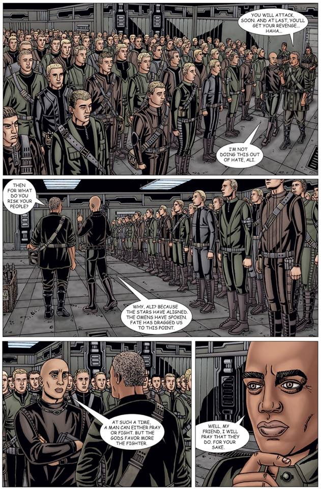 Art of futuristic soldiers standing in rows inside a barracks.