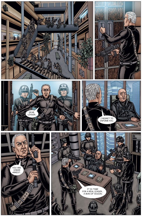 Art showing futuristic soldiers running through a large complex.