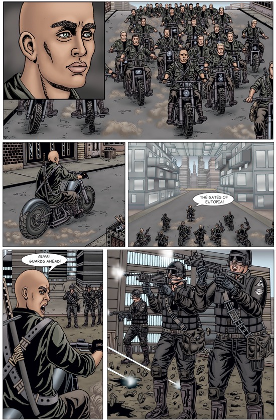 Art showing futuristc soldiers riding on motorcycles through a futuristic city.