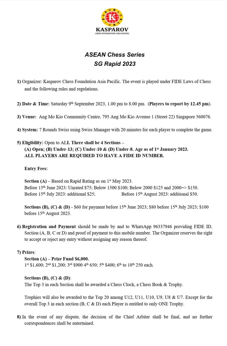 ASEAN Chess Series - SG Rapid 2023. Kasparov Chess Federation. Singapore Chess