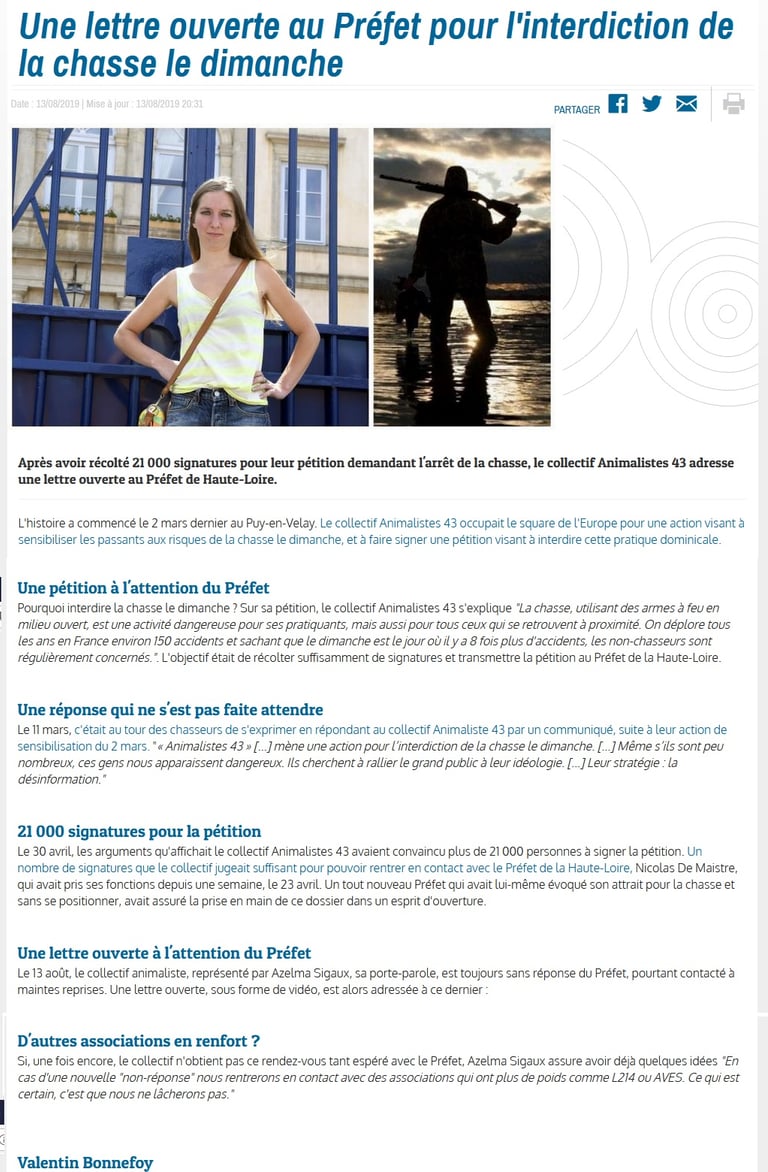 article zoomdici lettre au préfet dimanche sans chasse azelma sigaux animalistes 43 chasse dimanche