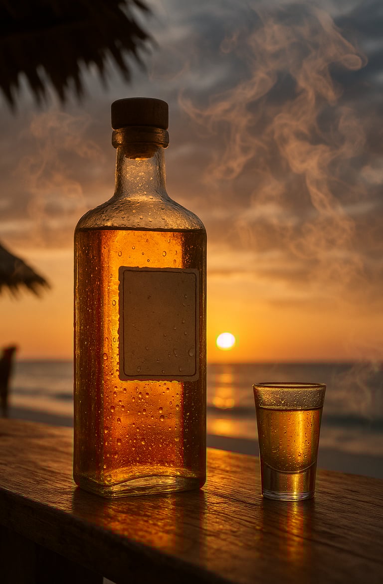 Bouteille de tequila sur un bar avec un coucher de soleil pour la journée nationale de la tequila